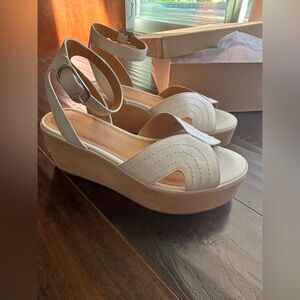 JOEI Gabourey Platform Wedge Sandals White Leather Size 37.5 NIB $298